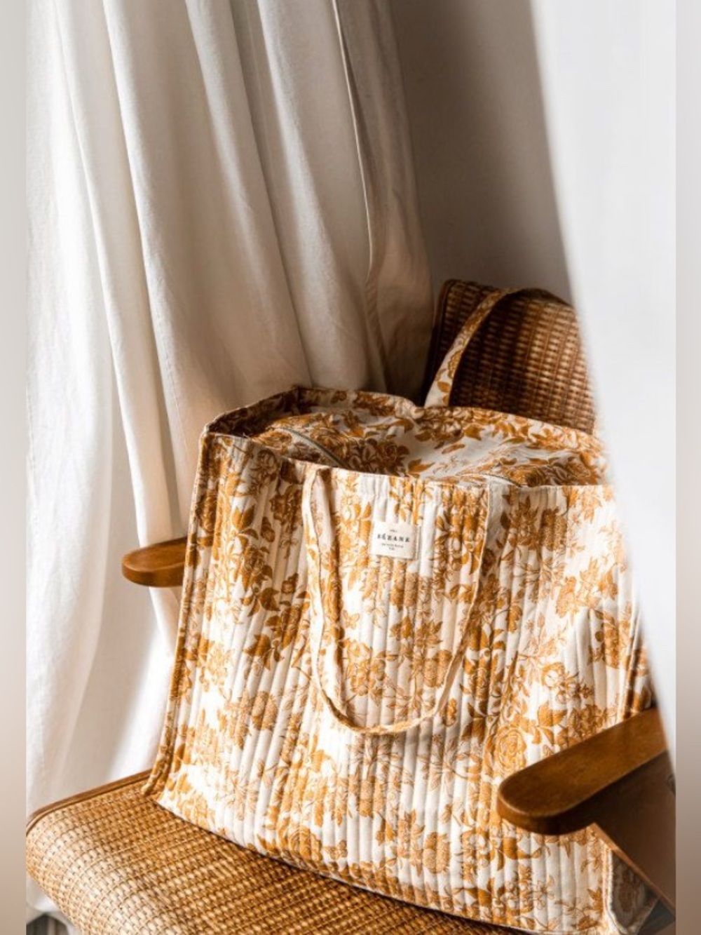 NEW Sezane Maxi Quilted Cotton Floral Tote in Yellow and Cream